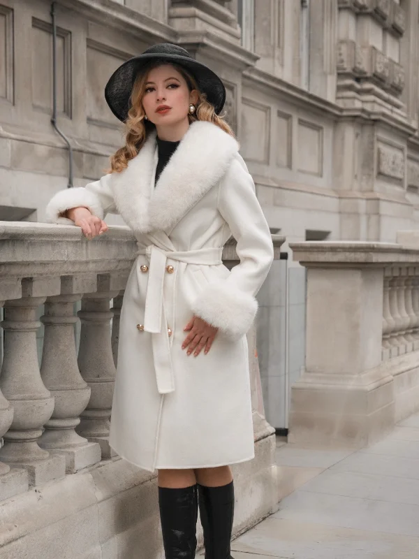 'Marlene' Cashmere and Wool Coat with Faux Fur in Bianco