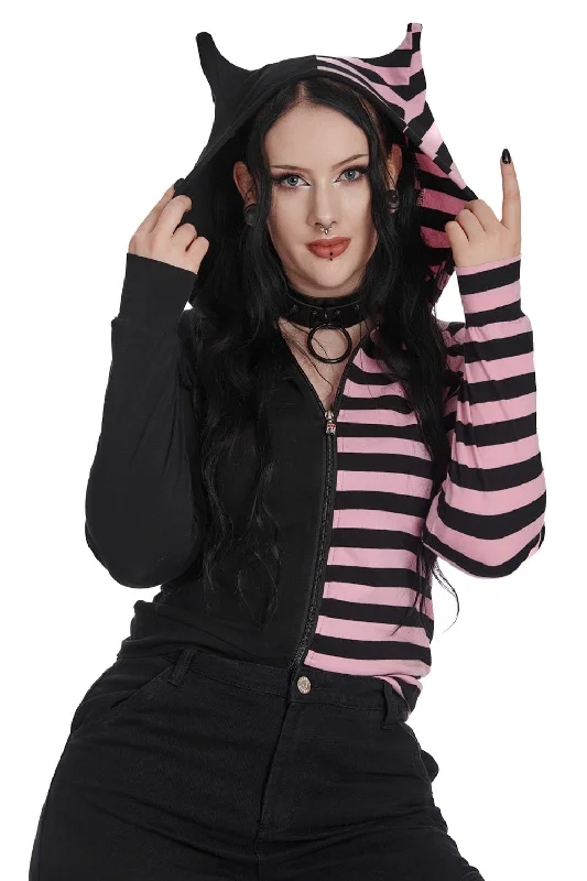 Shiori Half and Half Zippered Hoodie [BLACK/PINK]