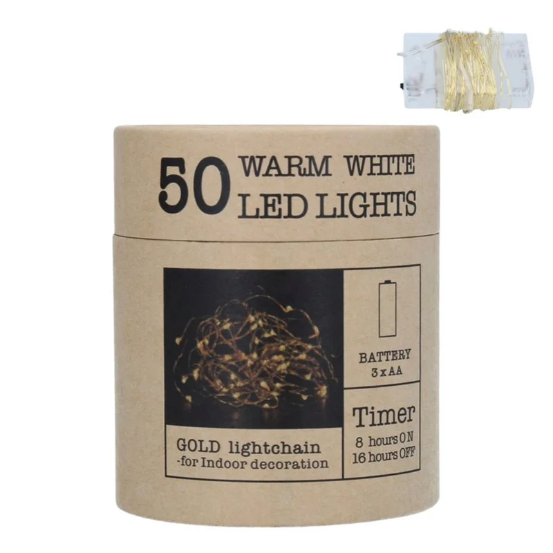 50 Warm White LED Lights On Gold Wire 5M