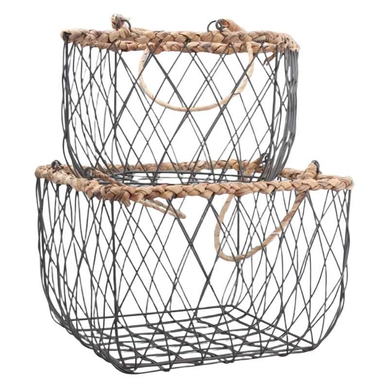 Square Wire Basket With Woven Trim